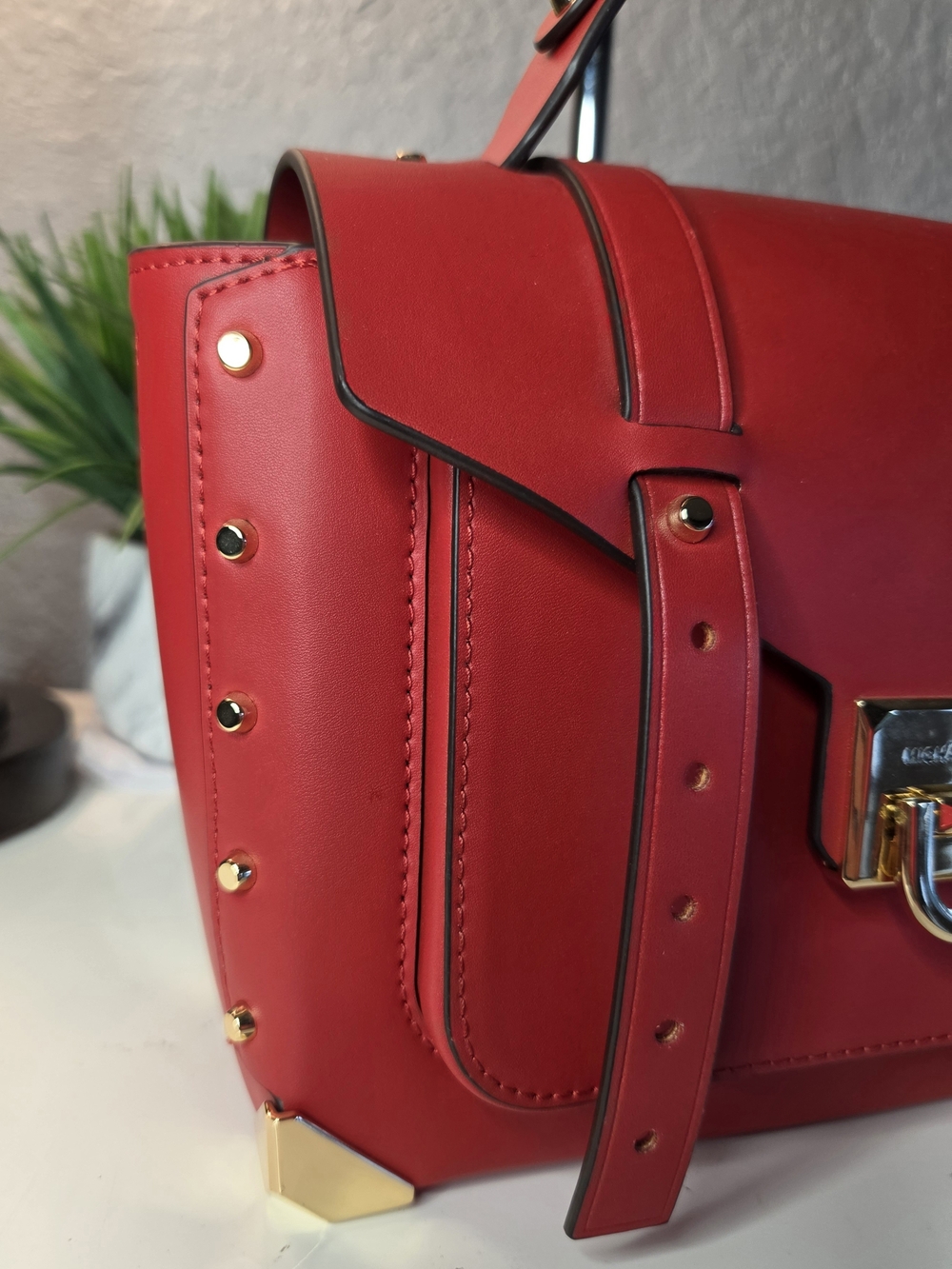Michael Kors Manhattan Medium Flame Red Leather Satchel Crossbody - Picture 3 of 16